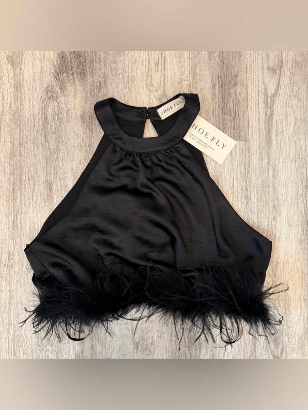 NWT Shoefly Black Satin‎ Feather Hem Halter Top Tie Back Medium
